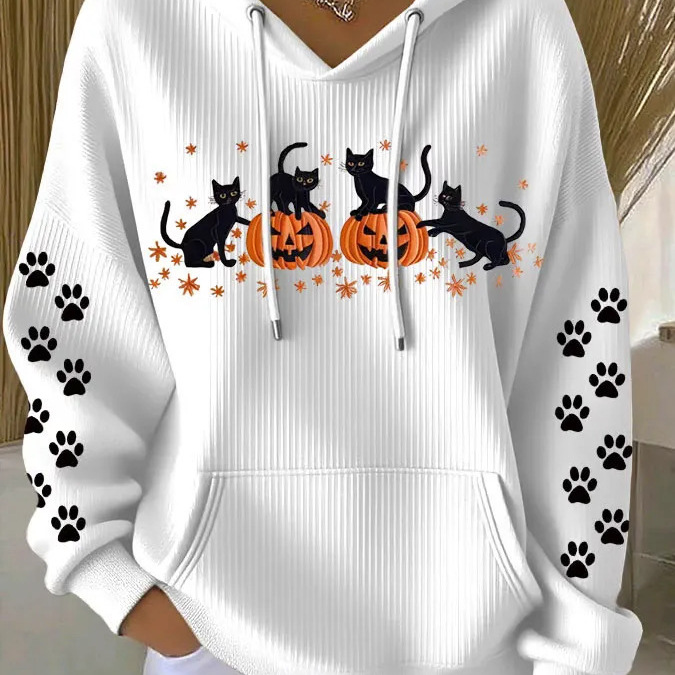 Women's Halloween Cat Pumpkin Paw Print Hoodie