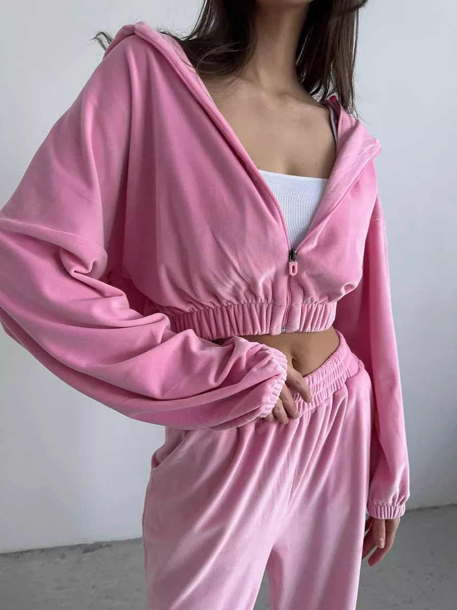 Women's Hooded Zip-Up Sweatsuit 2-Piece Set, Velvet, Long Sleeve