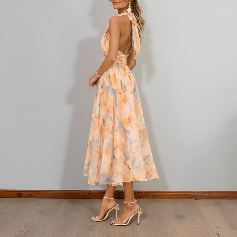 Elegant Printed A-Line Dress Sleeveless High Waist Long
