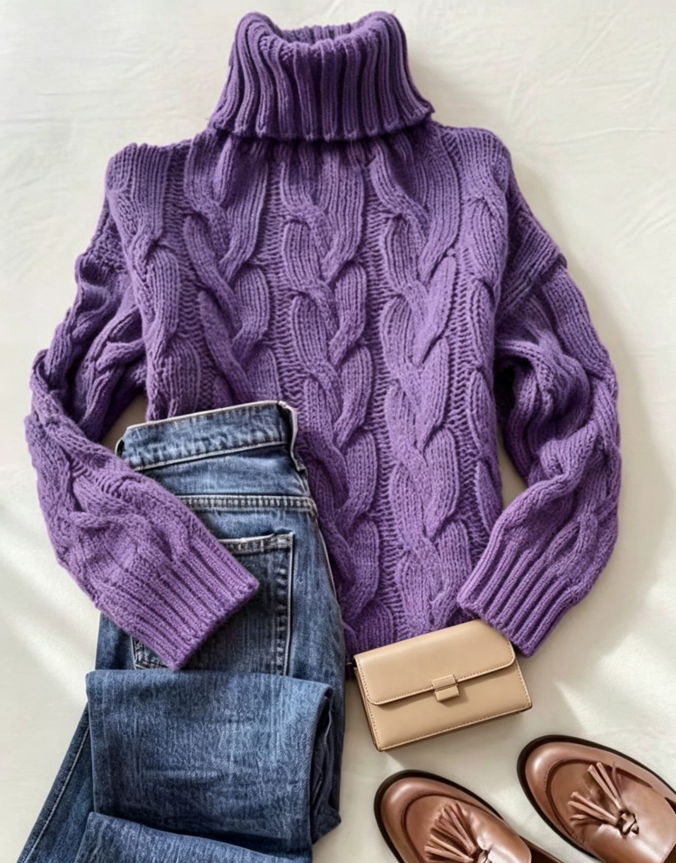 Cable-Knit Turtleneck Long-Sleeve Pullover Sweater