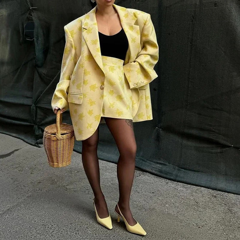 Women's Loose Fit Long Sleeve Printed Blazer & Skirt Set