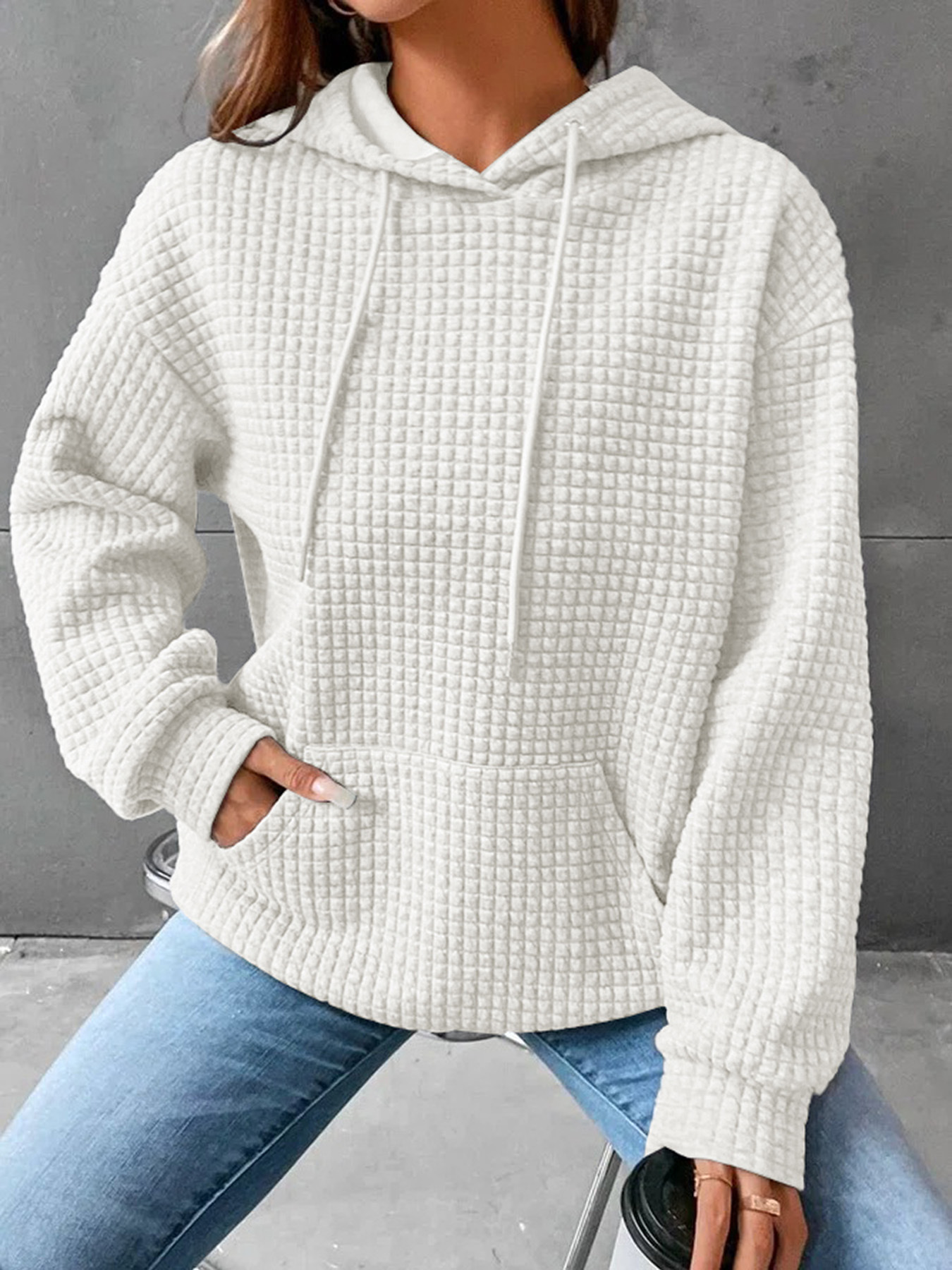 Women's Waffle Knit Hooded Long-Sleeve Pullover Sweatshirt Solid Color