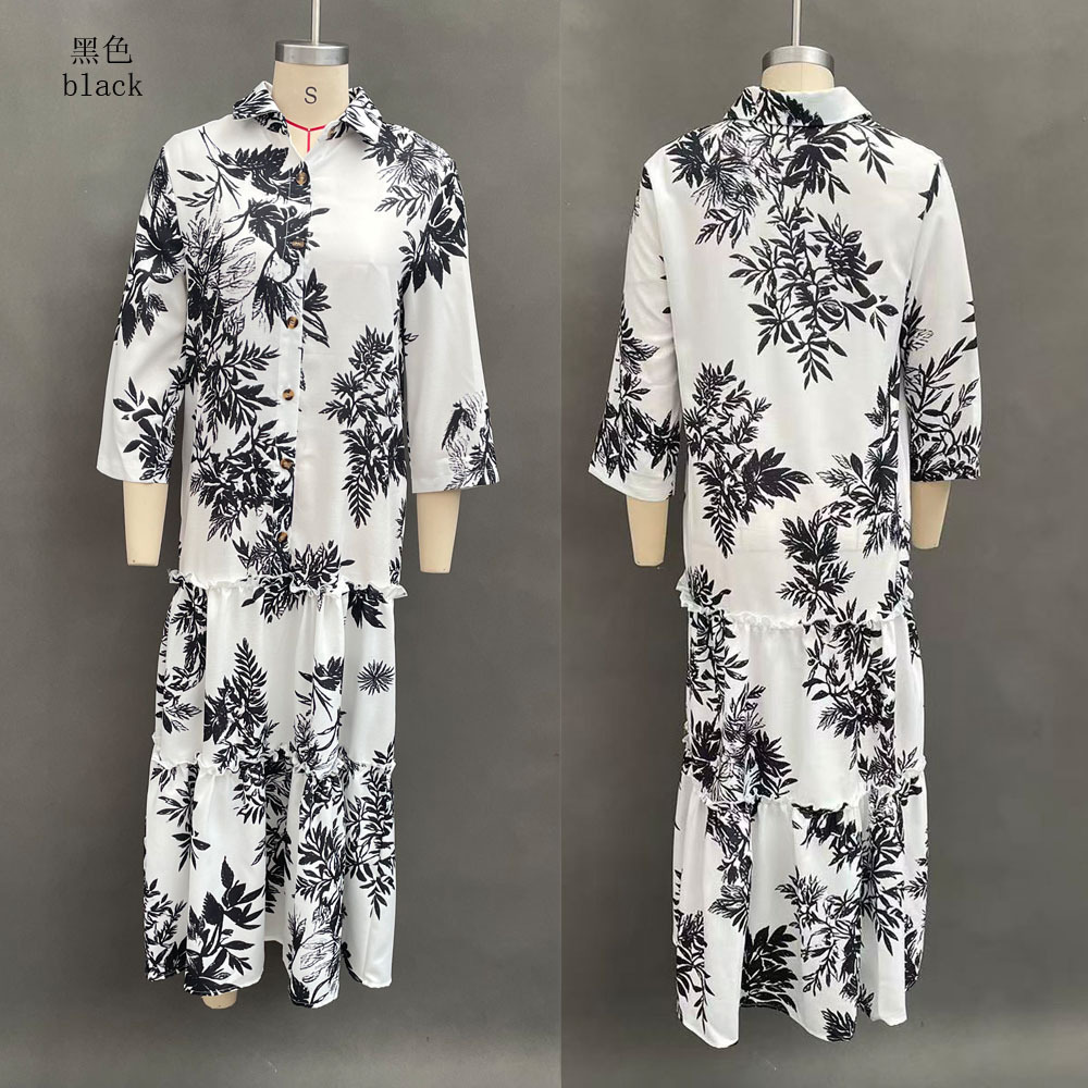 Women's Casual Long Sleeve Lapel Collar Bohemian Floral Print Maxi Dress