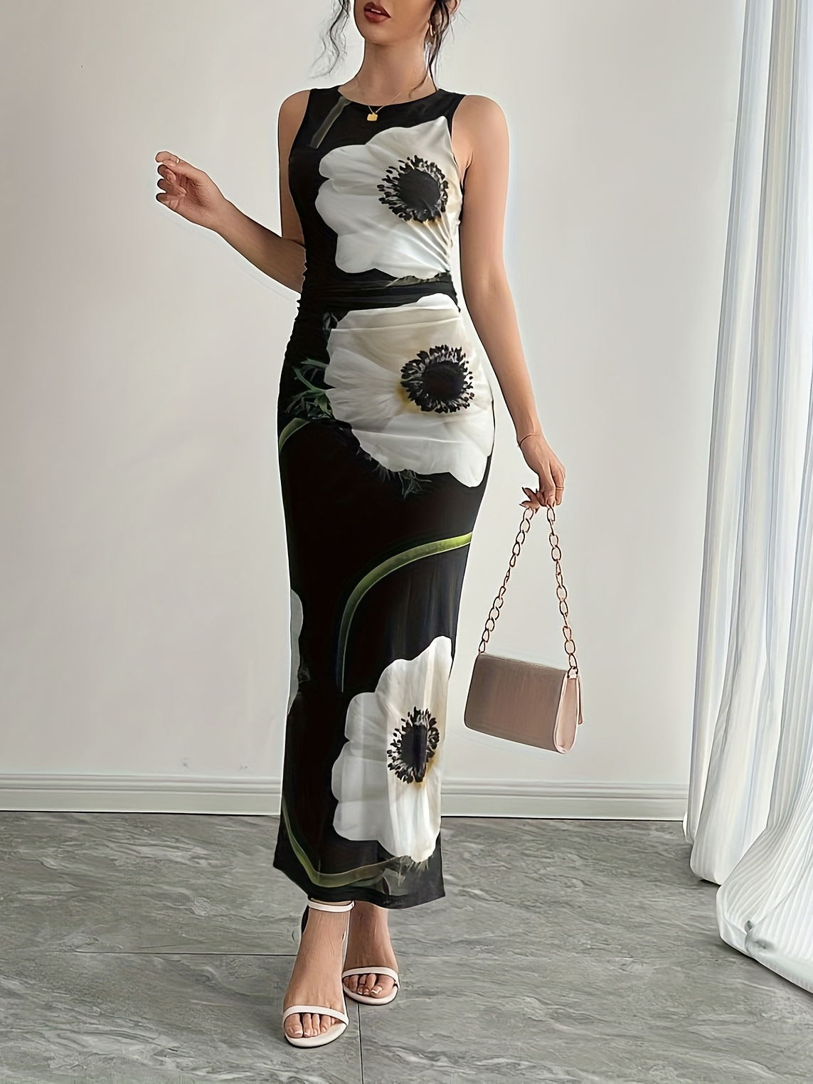 Women's Black Floral Print Sleeveless Long Dress