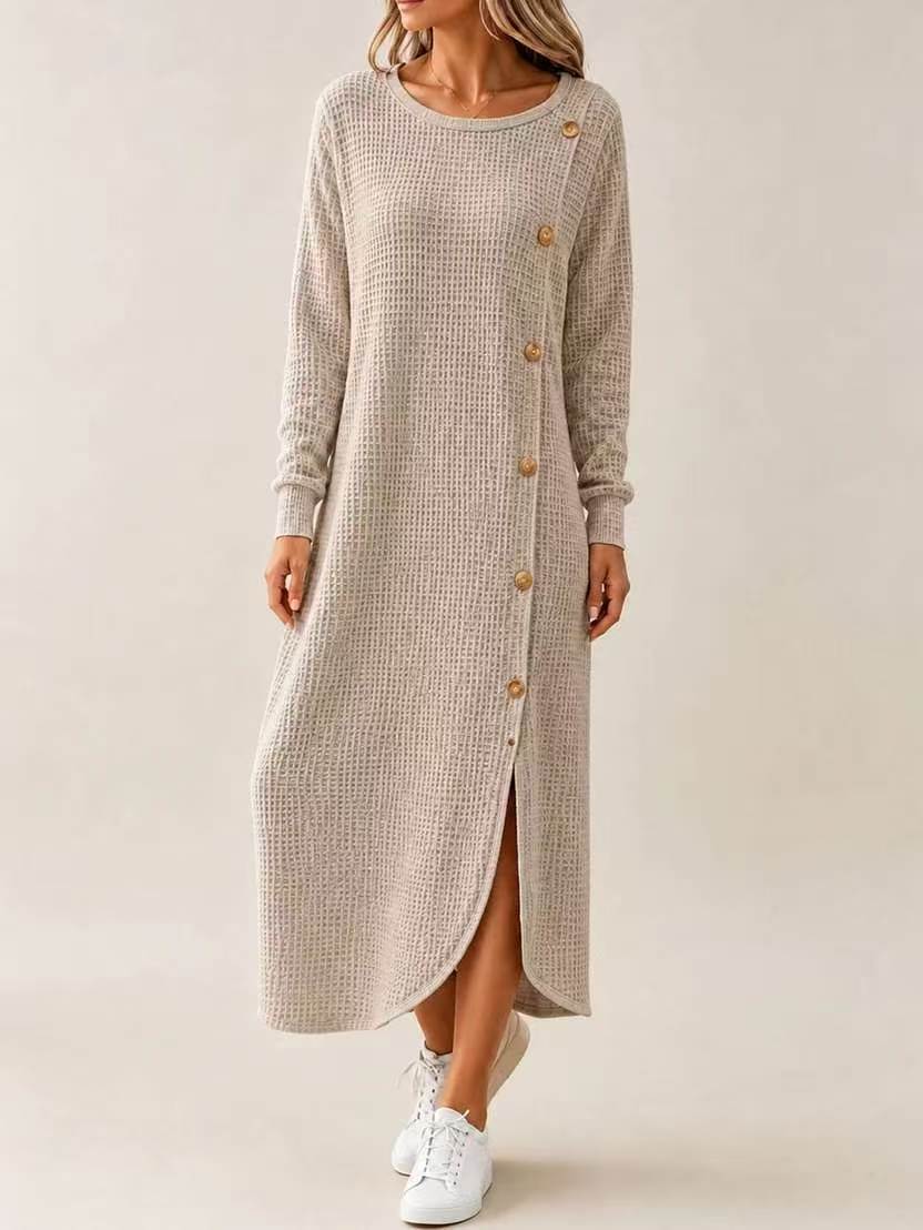 Waffle Knit Long Sleeve Button Slit Long Sweater Dress