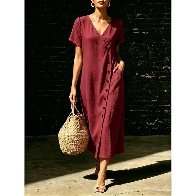 Women's V-Neck Button A-Line Midi Dress with Puff Sleeves