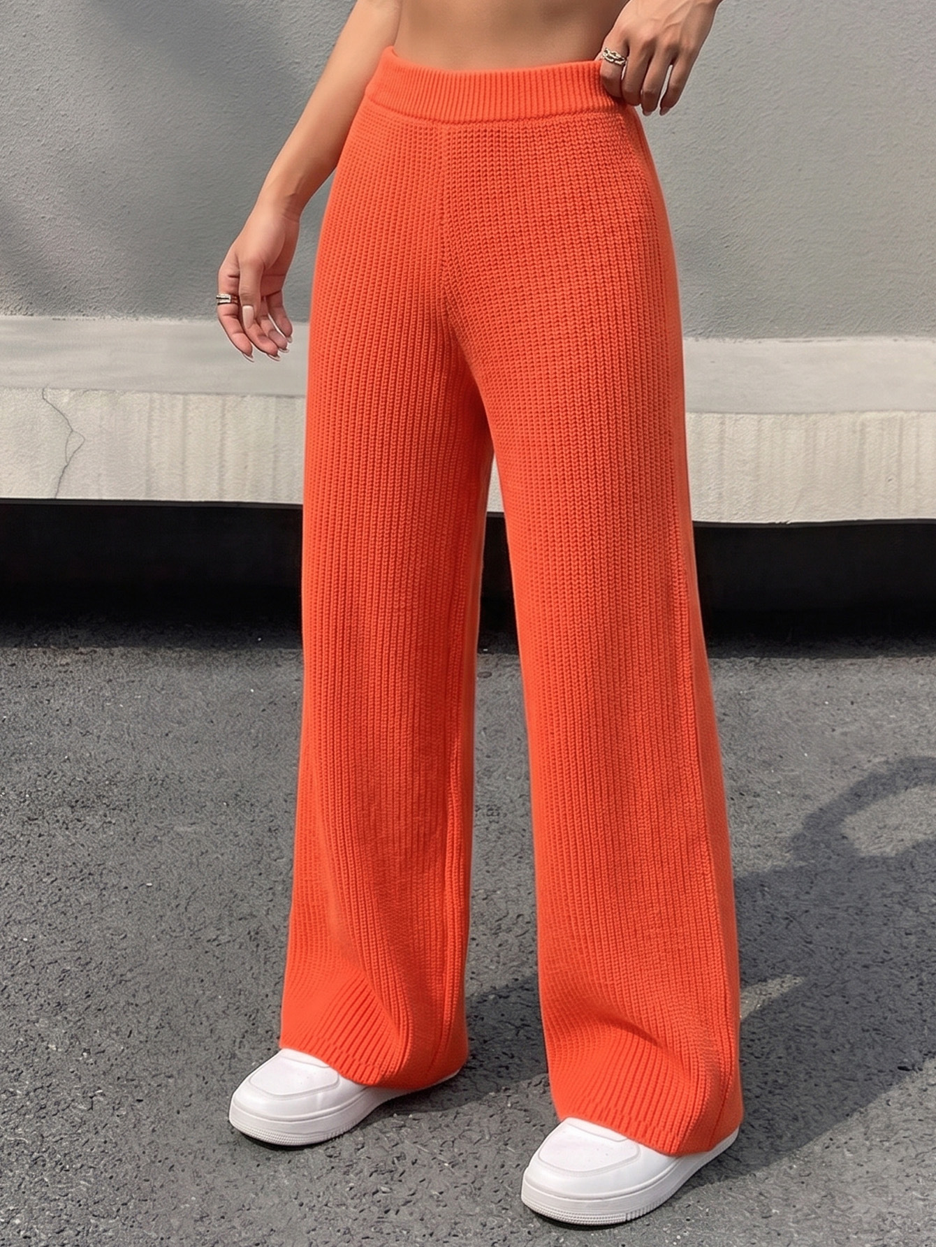 Women's Ribbed Knit Straight-Leg Wide-Leg Pants Mid-High Waist