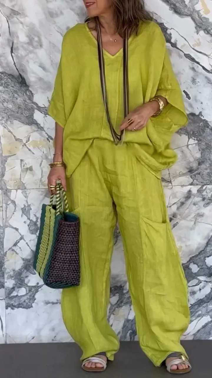 Women's V-Neck Loose Cotton-Linen Pocket Midi Sleeve Pant Set
