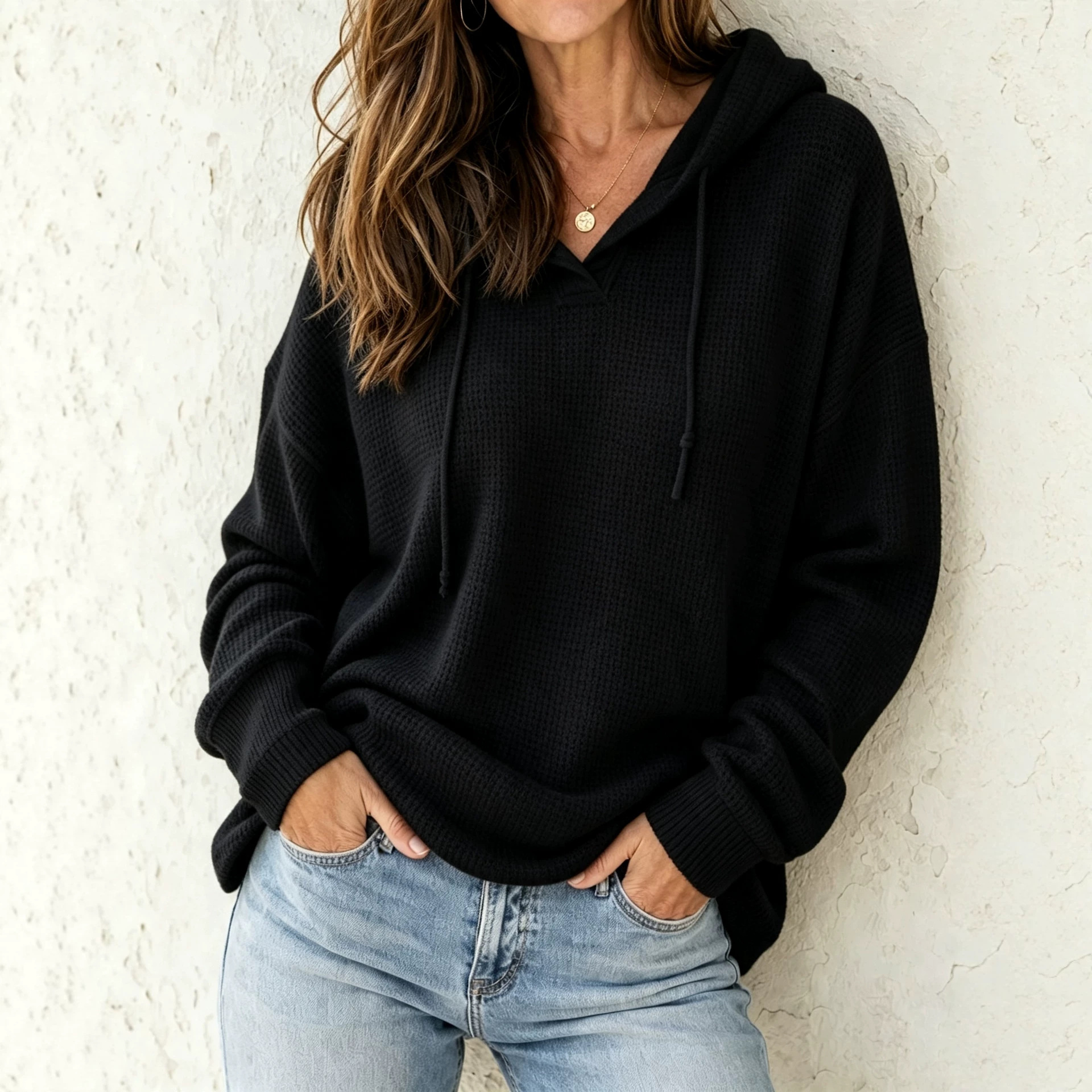 Women's Solid Color Waffle Knit Drawstring Hooded Pullover Sweatshirt