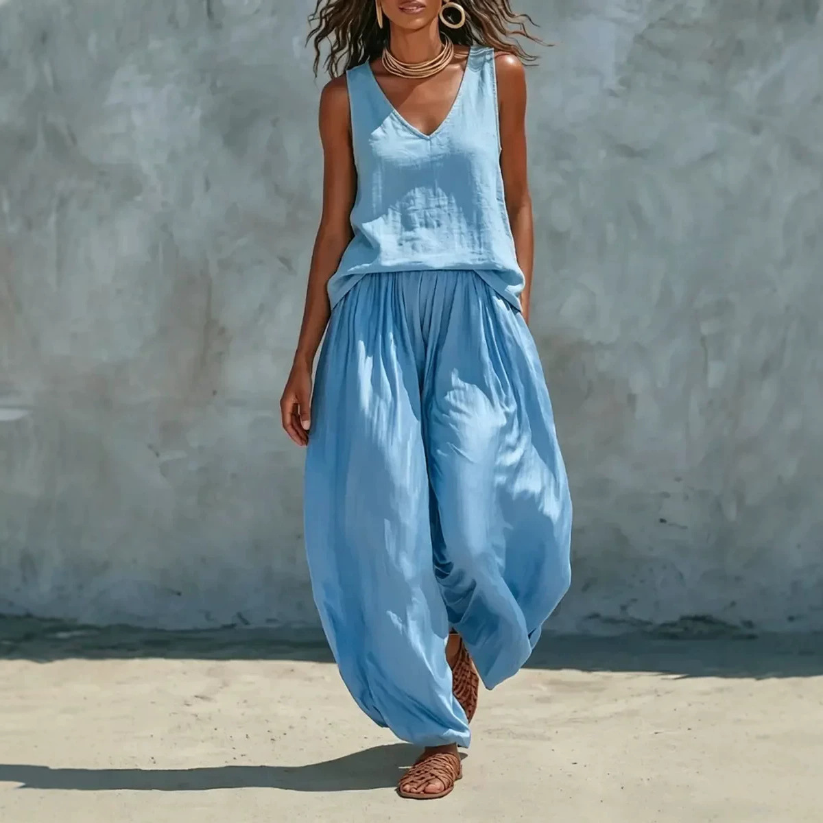 Women's Sleeveless Linen-Blend Shirt Set Casual Vacation Outfit