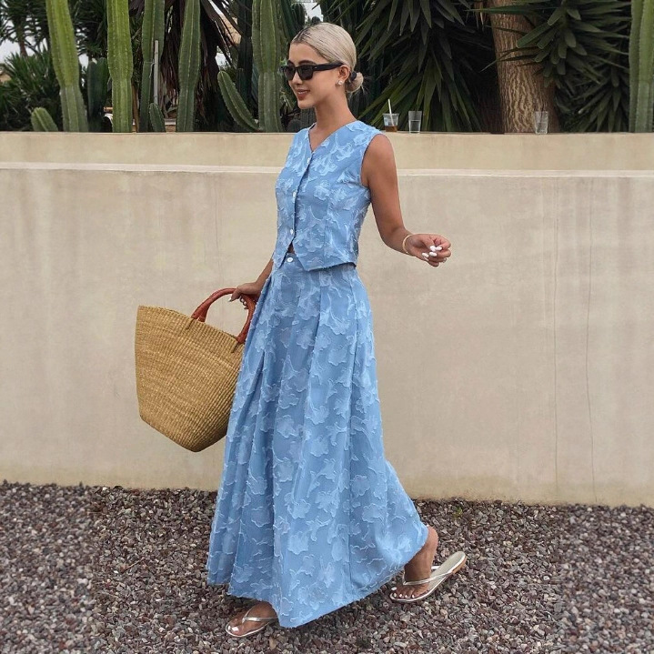 Women's Jacquard Vest and Long Skirt Set with Cinched Waist