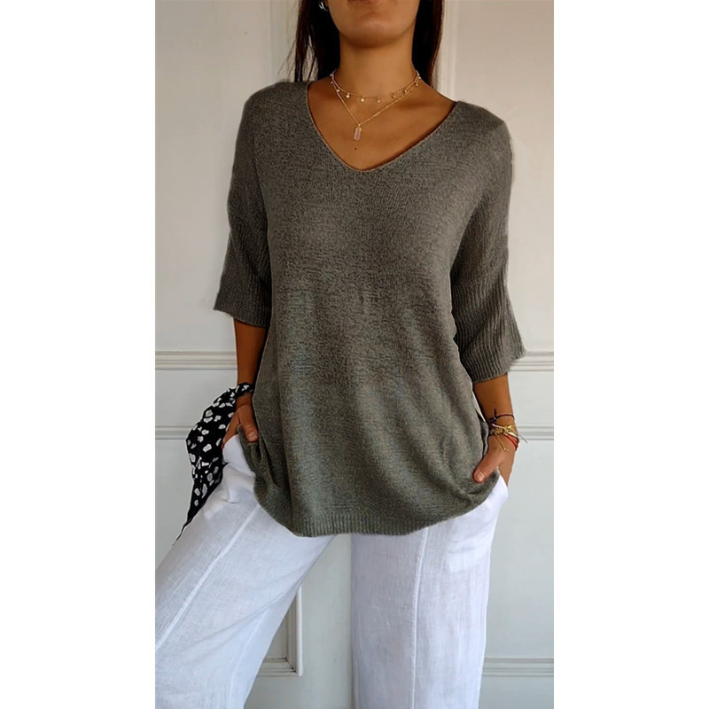 Women's V-Neck 3/4 Sleeve Solid Knit Top Slimming Casual Pullover