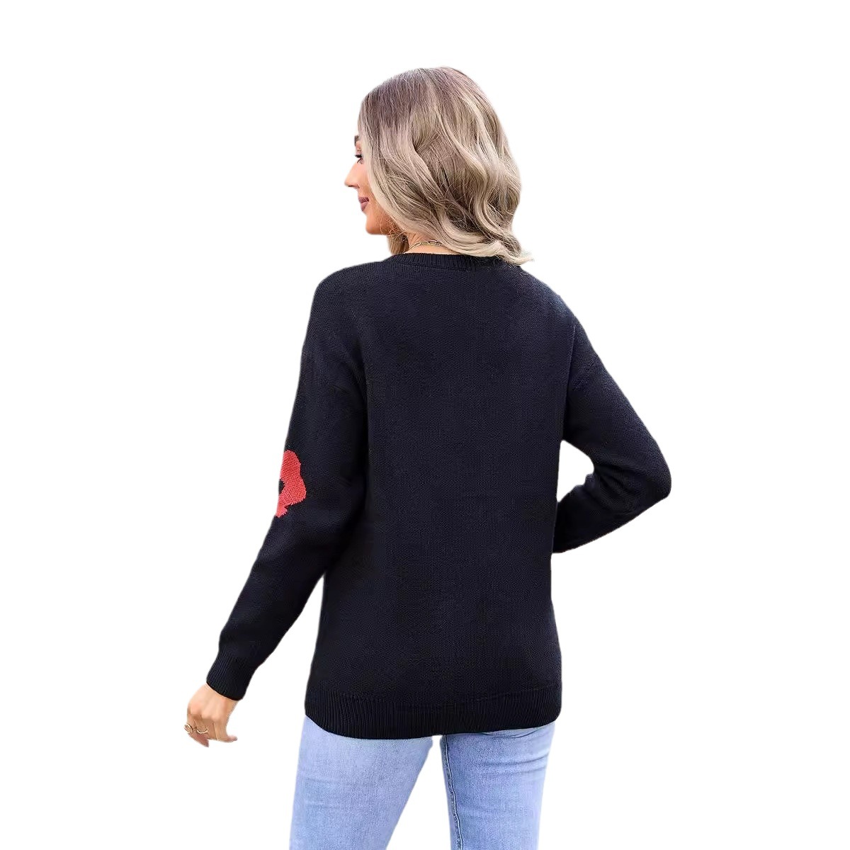 Plus Size V-Neck Long Sleeve Floral Knit Sweater