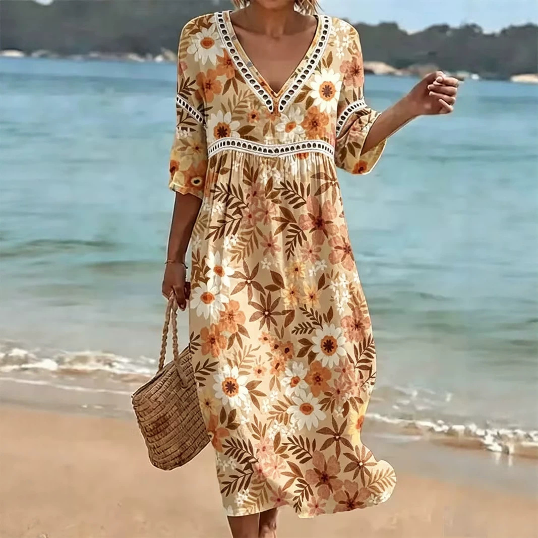 Women's Floral Print Pleated Midi Dress Deep V-Neck Five-Sleeve Slim Fit