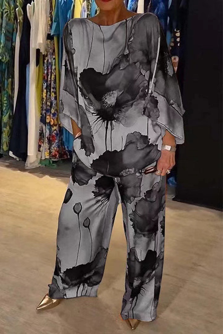 Urban Elegant Satin Off-Shoulder Loose Floral Print Batwing Sleeve Drawstring Pants Set