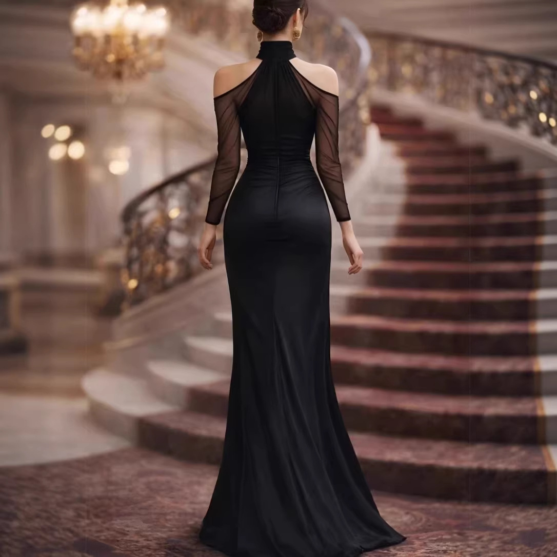 Women's Halter Neck Sheer Long Sleeve Mermaid Evening Gown