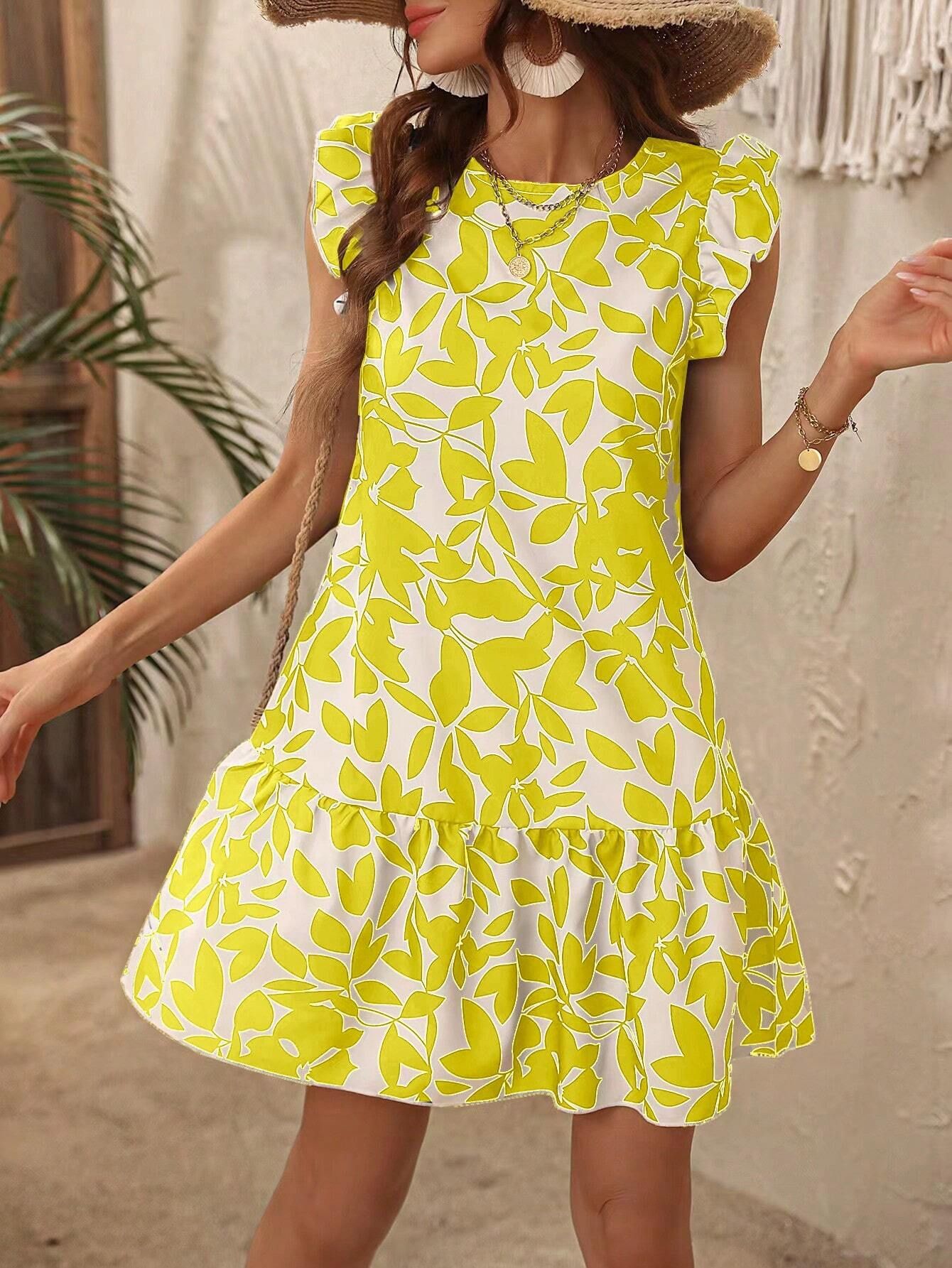 Women's Summer Floral Print Dress with Ruffle Trim and Fly Sleeves