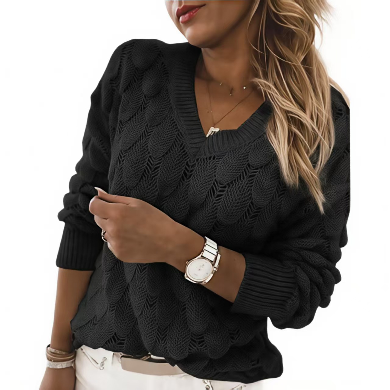 Women's V-Neck Hollow-Out Knit Sweater with Feather Detail Long Sleeve