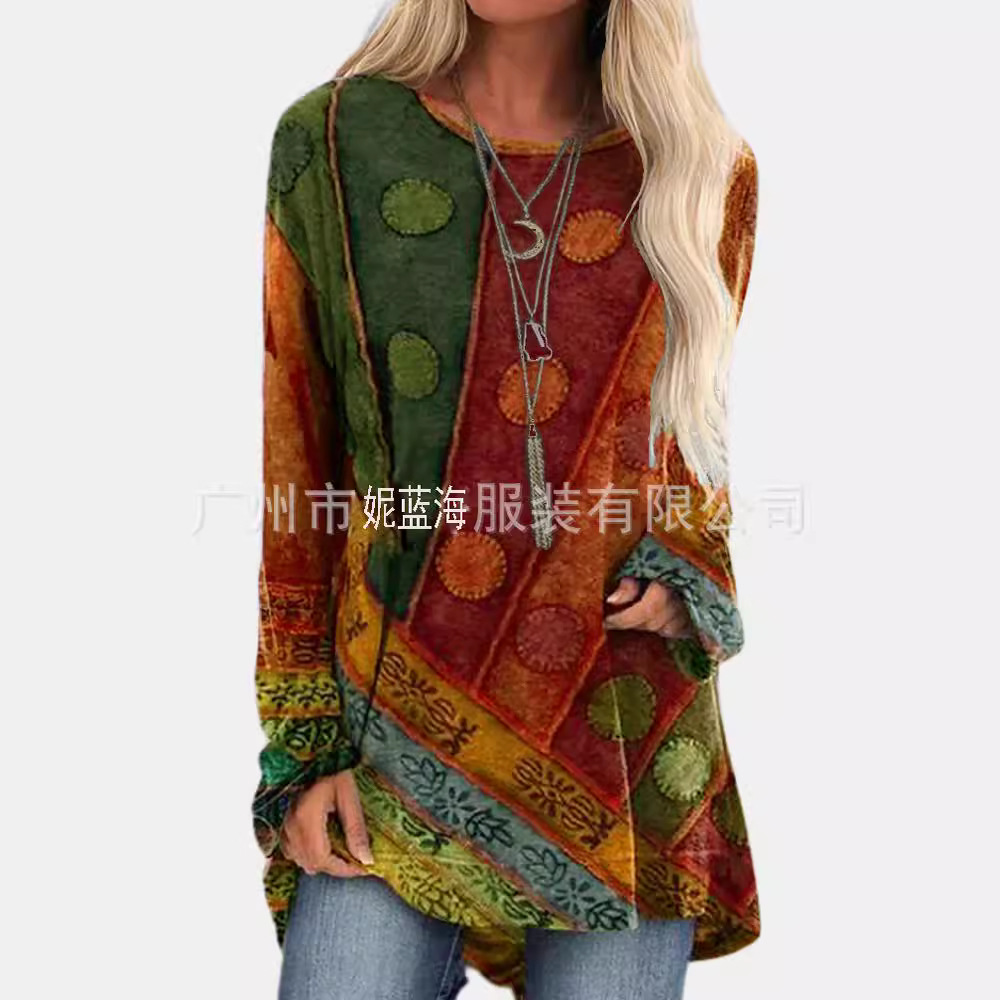 Women's Round Neck Long Sleeve Vintage Print Dress