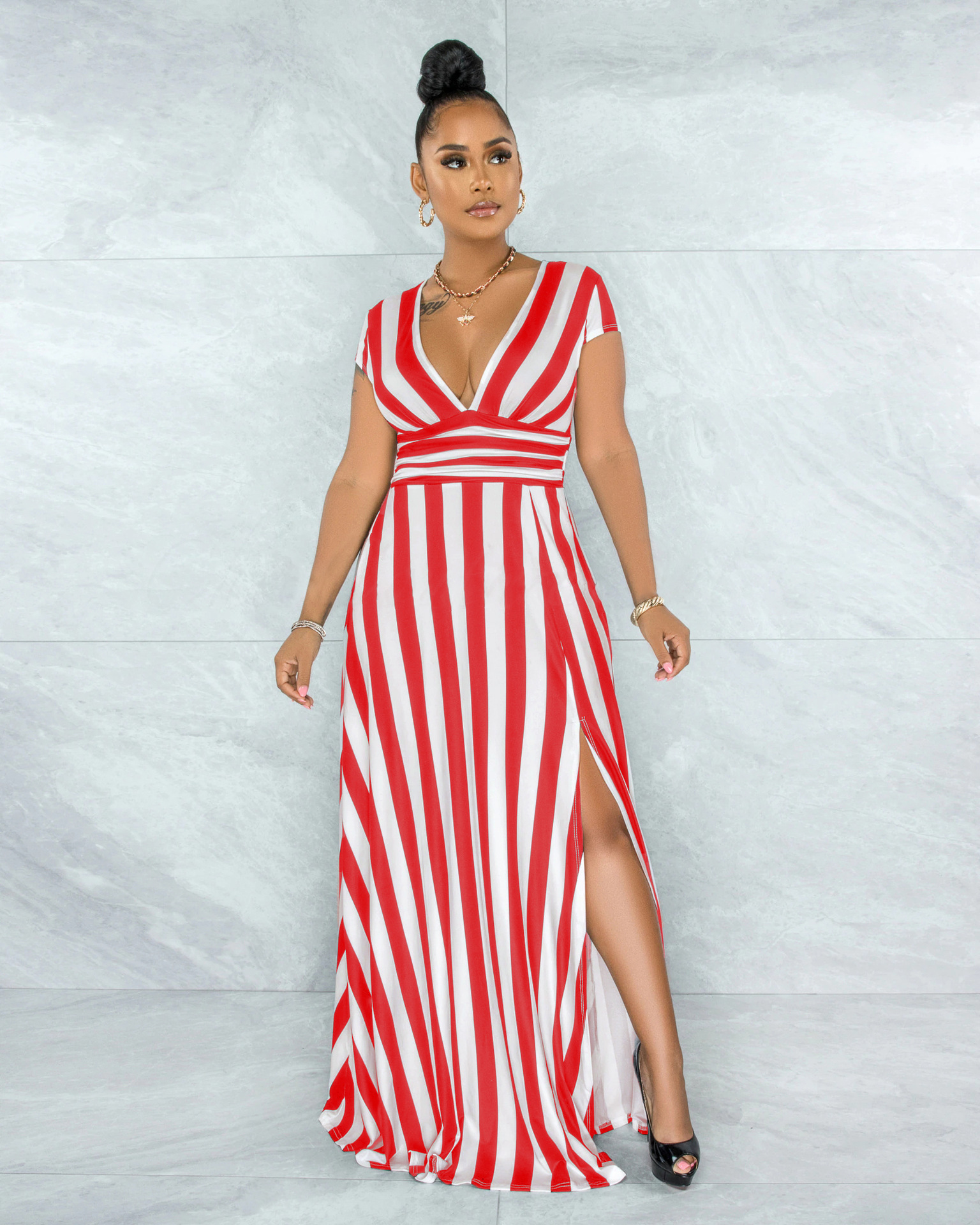 Striped Slit Sleeveless Long Dress