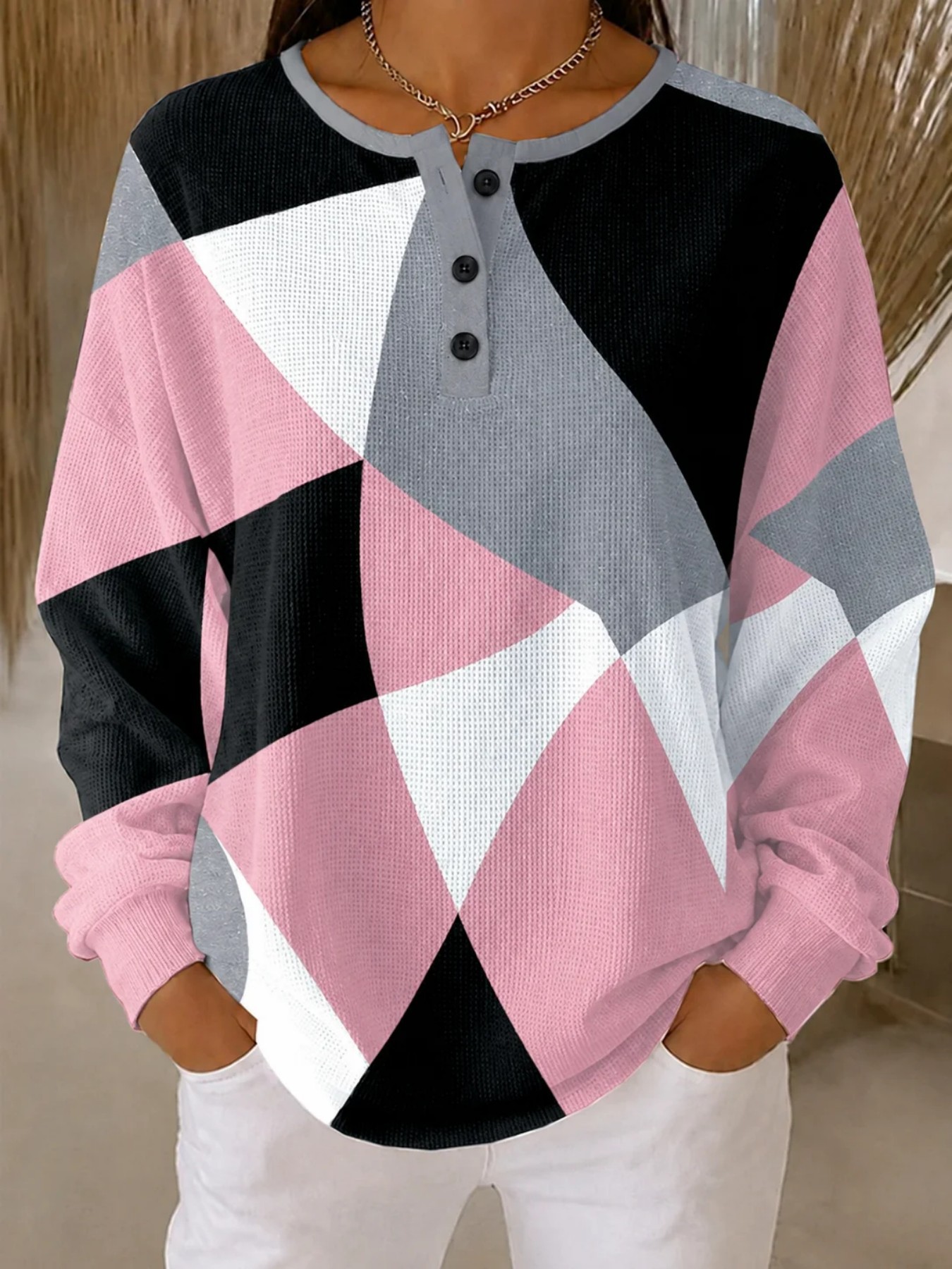 Plaid Colorful Print Crewneck Long Sleeve Pullover Sweatshirt