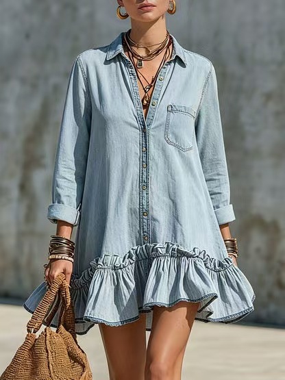 Retro Button-Front Shirt Dress with Ruffle Hem, Loose Fit, Long Sleeve, Short Length
