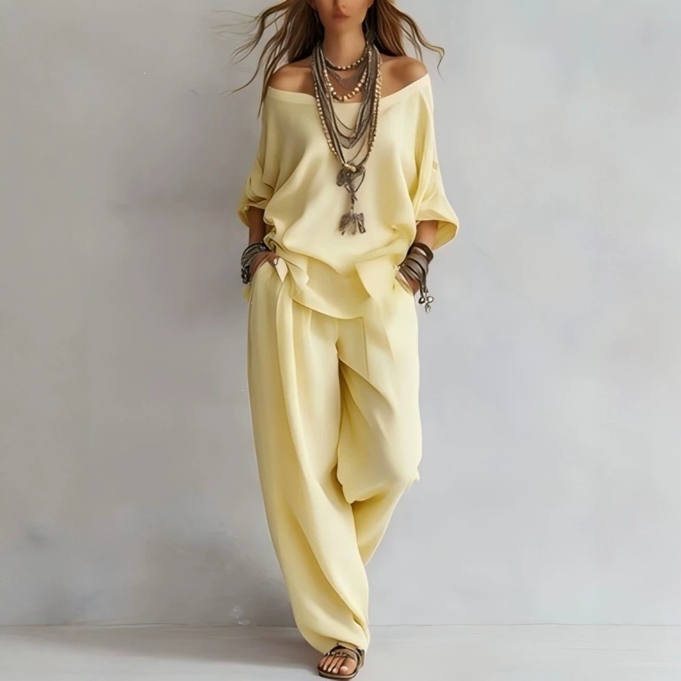 Off-Shoulder Loose Top and Wide-Leg Pants Two-Piece Set