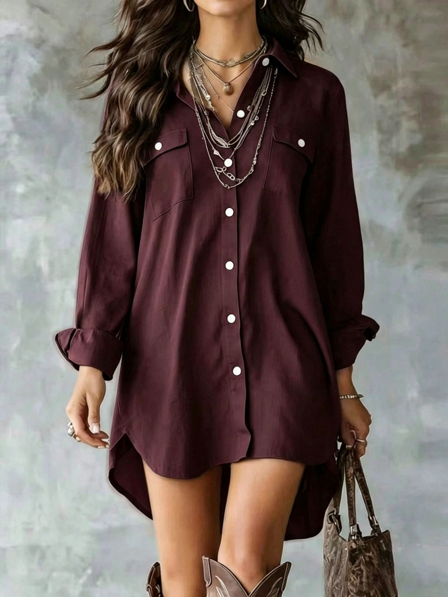 Cotton-Linen Long-Sleeve Button Shirt Dress with Slit
