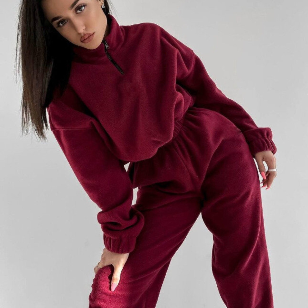 Women's Fleece-Lined Long Sleeve Zip Hoodie and Pants Set - Solid Color 2-Piece Tracksuit