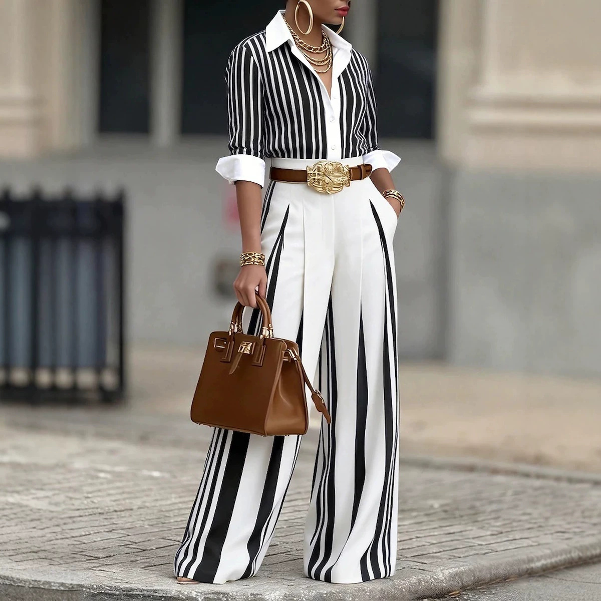 Women's Striped Shirt and Pants Two-Piece Set with Belt
