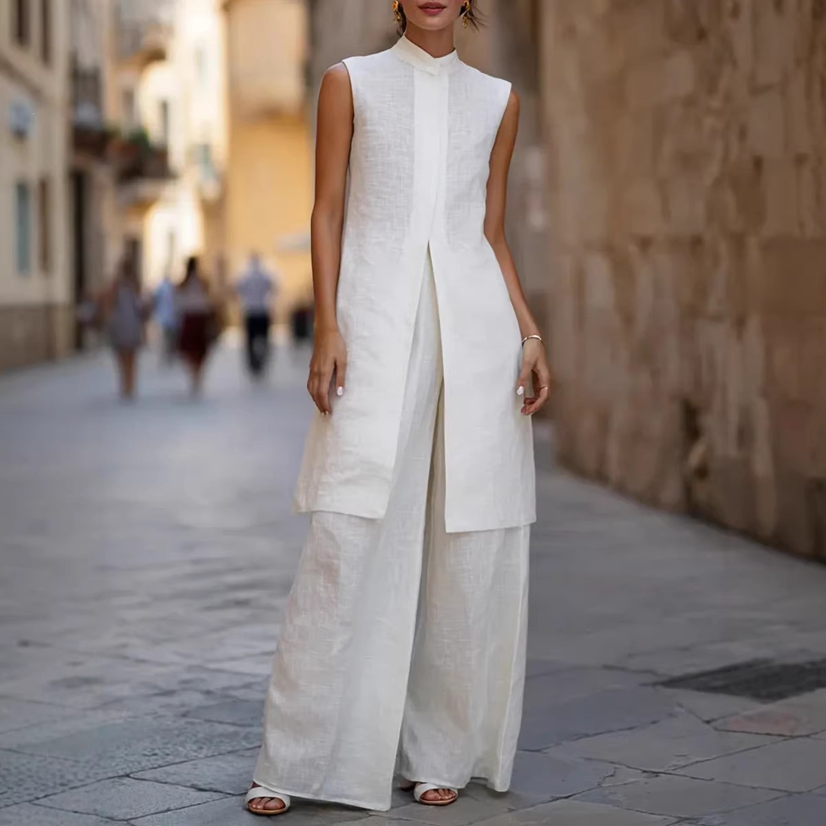 Sleeveless Cotton-Linen Shirt and Wide-Leg Pants Two-Piece Set