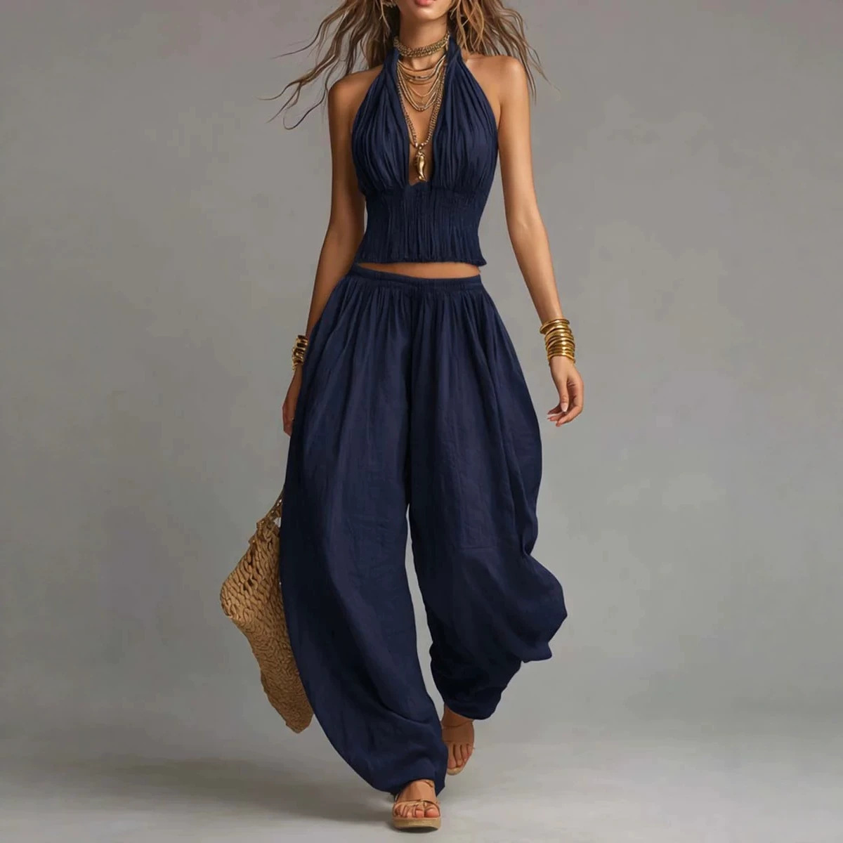 Sleeveless Halter Open-Back Top and Wide-Leg Pants Two-Piece Set