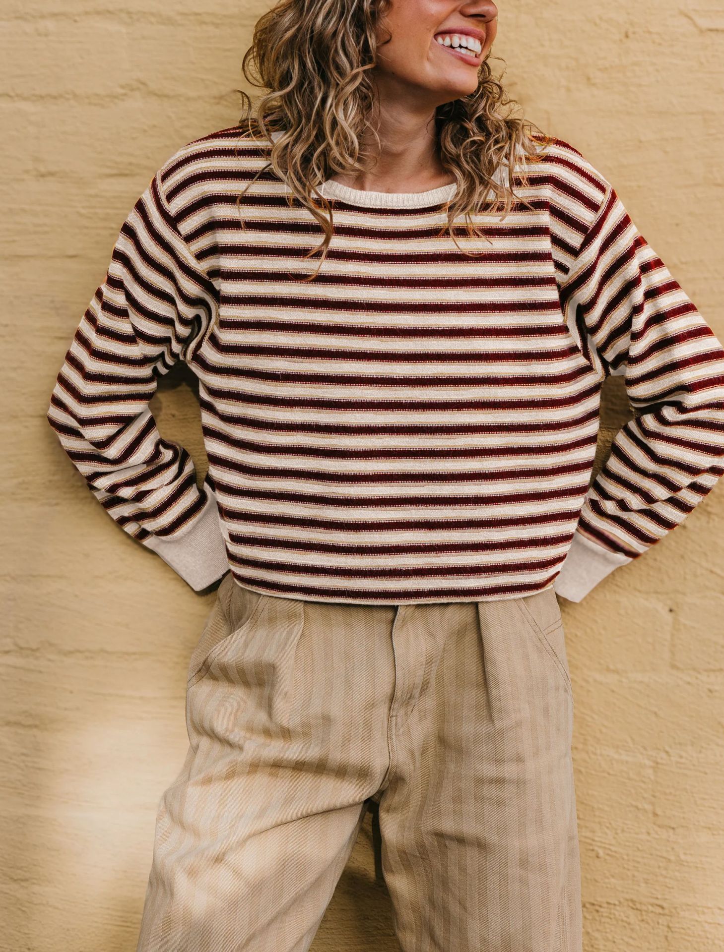 Women's Striped Crewneck Knit Sweater Colorblock Loose Fit