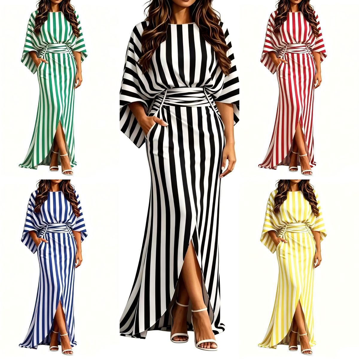 Striped Elegant Waist-Cinching Pleated Long Dress with Pockets