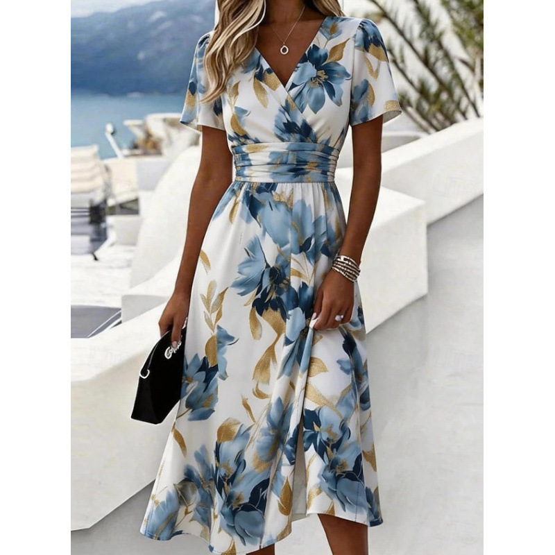 3D Vintage Floral Short Sleeve V-Neck Midi Dress with Flared Skirt