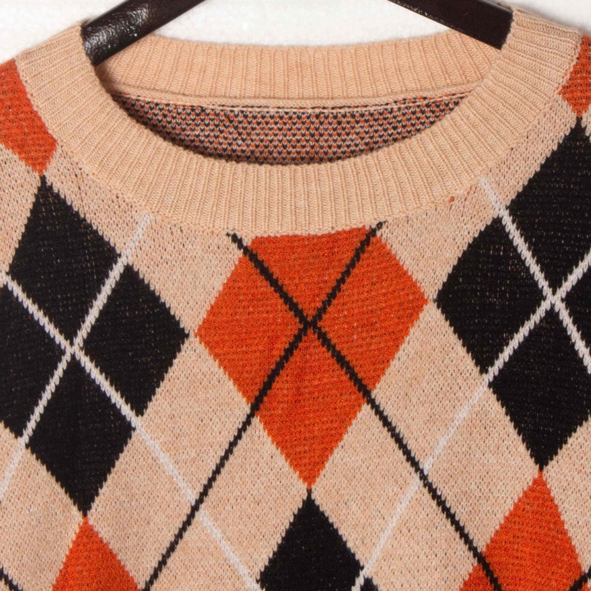 Women's Cropped Argyle Knit Sweater Long Sleeve Crewneck Pullover