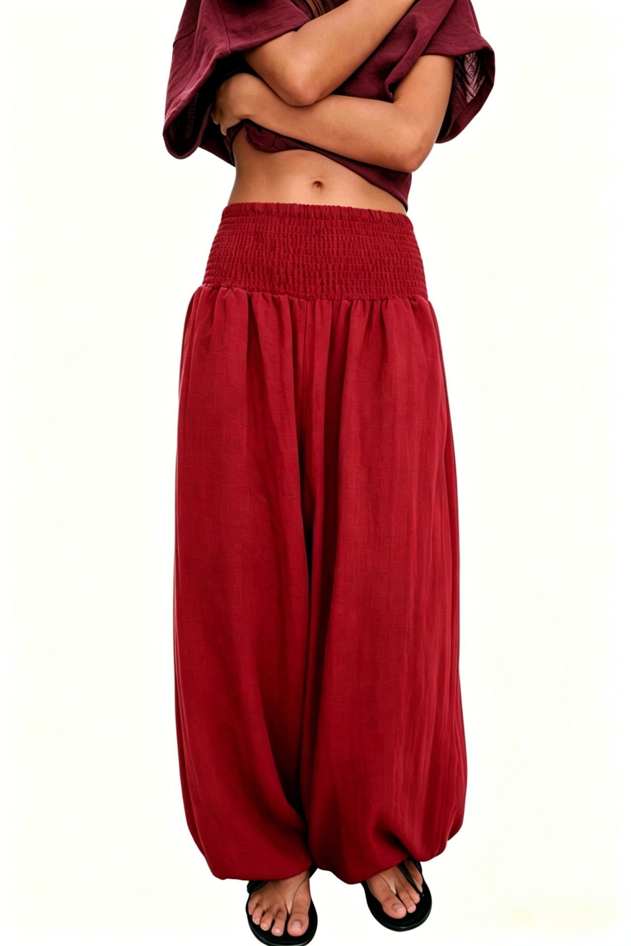 2026 Amazon New Hot-Seller Cross-Border Women's High-Waist Smocked Solid Color Cotton-Linen Fashion Casual Lantern Pants Wide-Leg Women