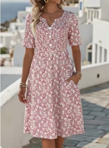 Women's Floral Print V-Neck Midi Dress Short Sleeve