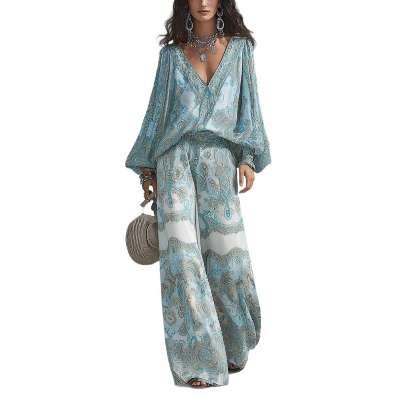 Women's Printed V-Neck Top and Wide-Leg Pants Two-Piece Set