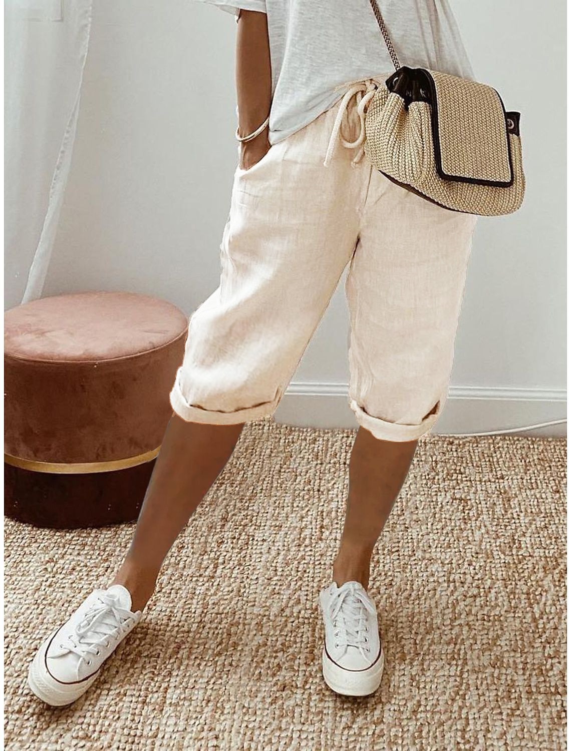 Women's Cotton-Linen Blend Elastic Waist Casual Shorts with Pockets