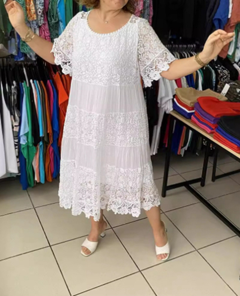 Elegant Solid Crewneck Short Sleeve Lace Trim Dress