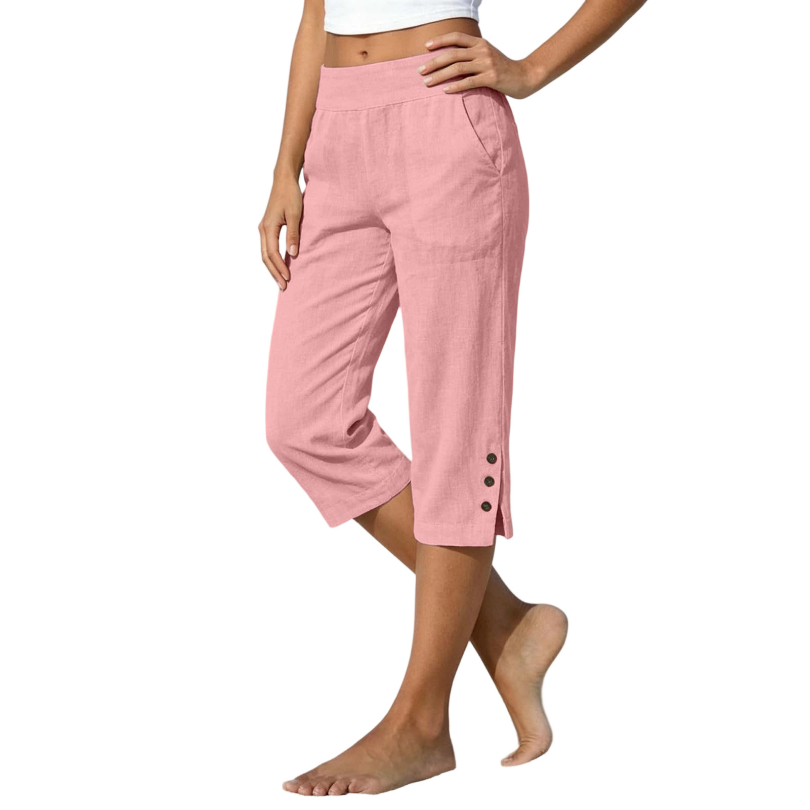 2026 Summer Women's Cotton-Linen Capri Pants High Waist Loose Straight Leg Slit Button Casual Pants Cross-Border Women's