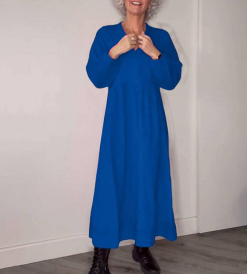 Solid V-Neck Long Sleeve Pocket Maxi Dress