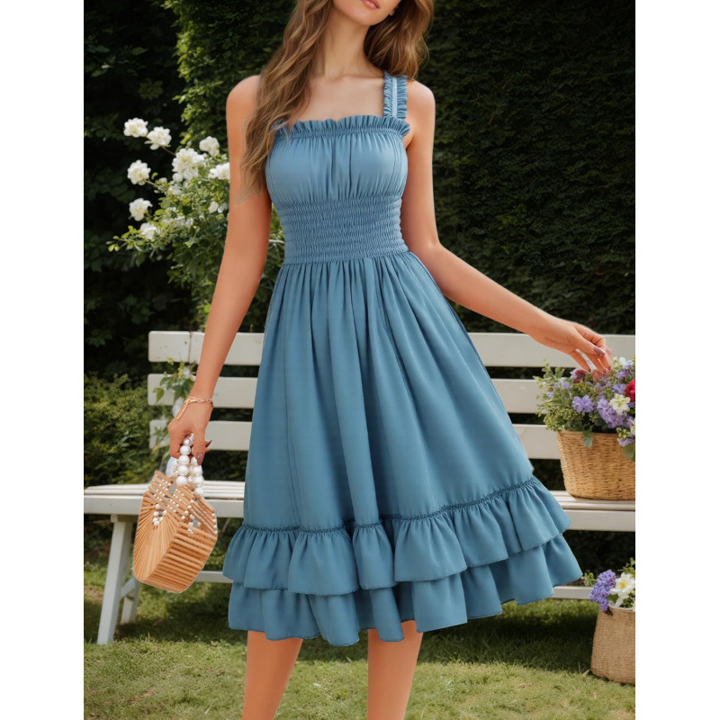 Women's Sleeveless Ruffle Dress with Pleated A-Line Silhouette