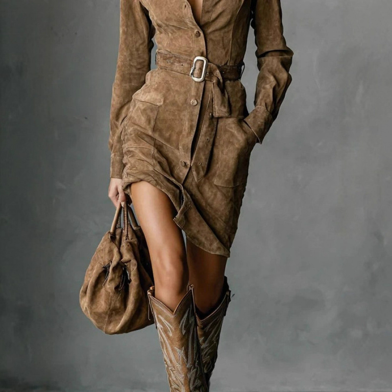 Suede Long Sleeve Collared Button-Front Shirt Dress