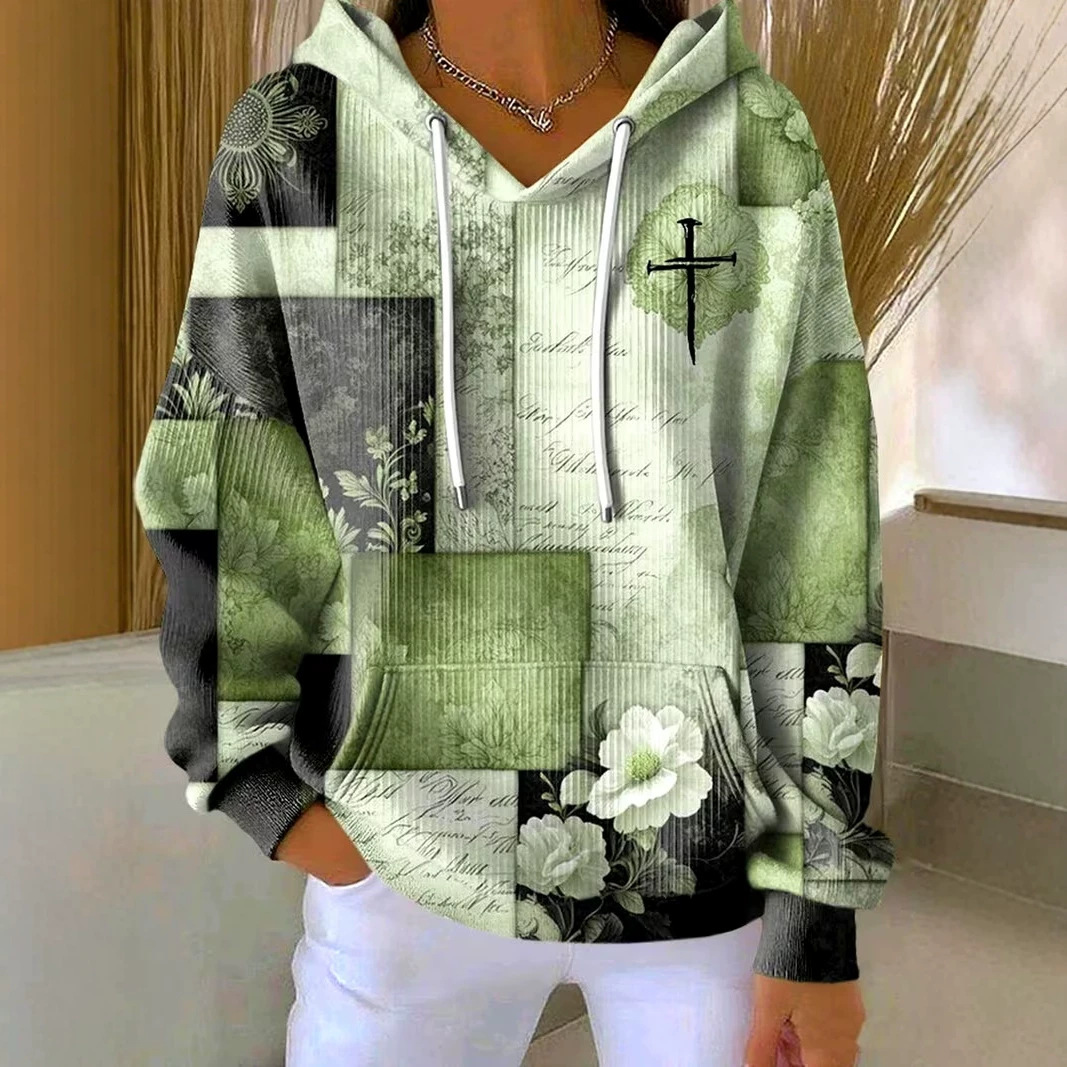 Women's Cross Colorblock Print Casual Hoodie