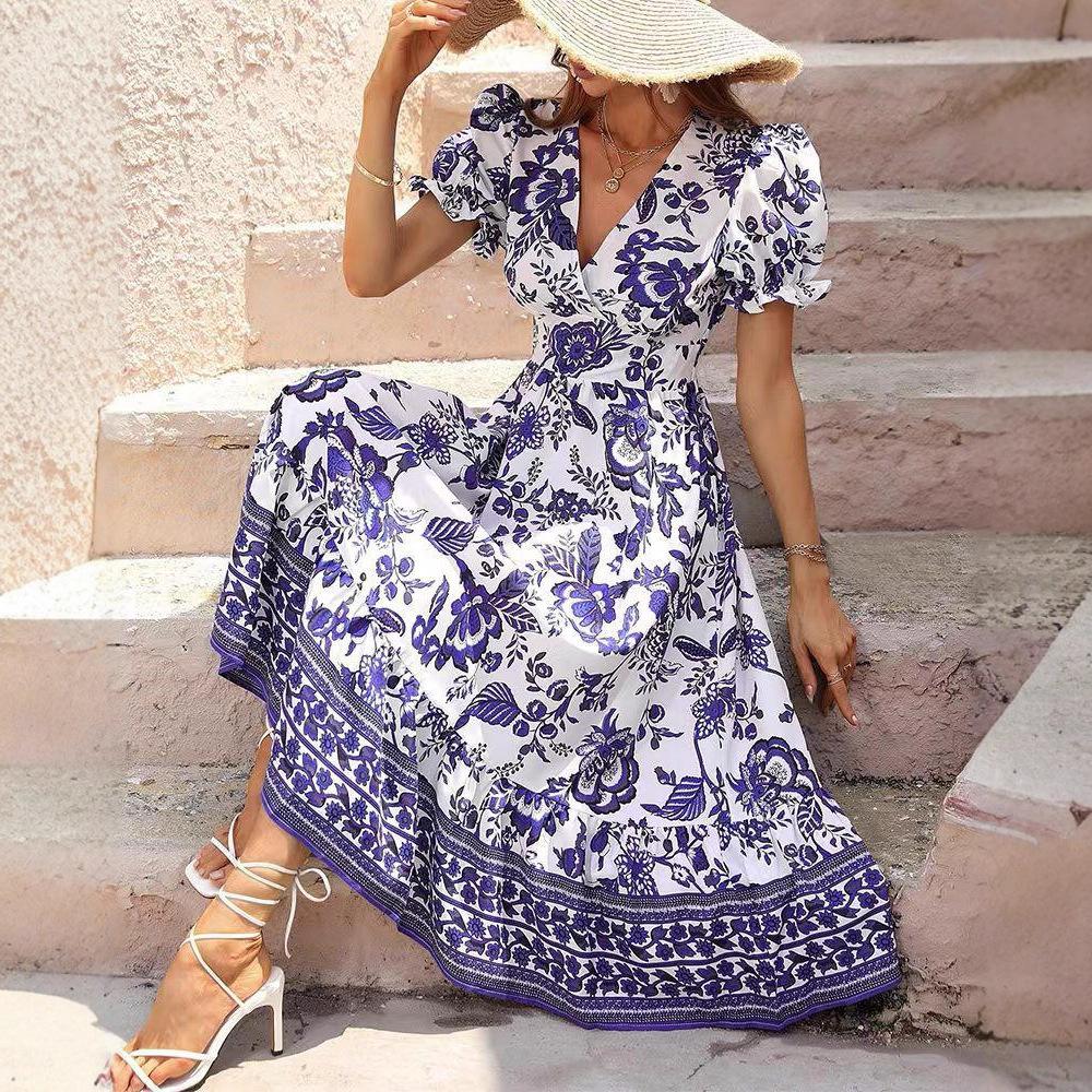 Elegant Floral Print V-Neck Bubble Sleeve Maxi Dress