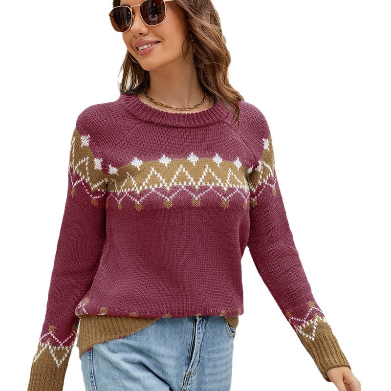 Women's Loose Crewneck Mohair Pullover Sweater with Jacquard Pattern