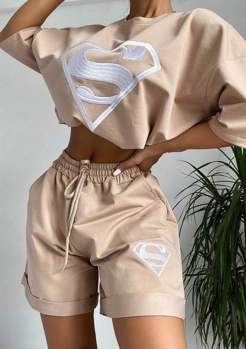 Women's Embroidered Casual Shorts and Sweatshirt Set