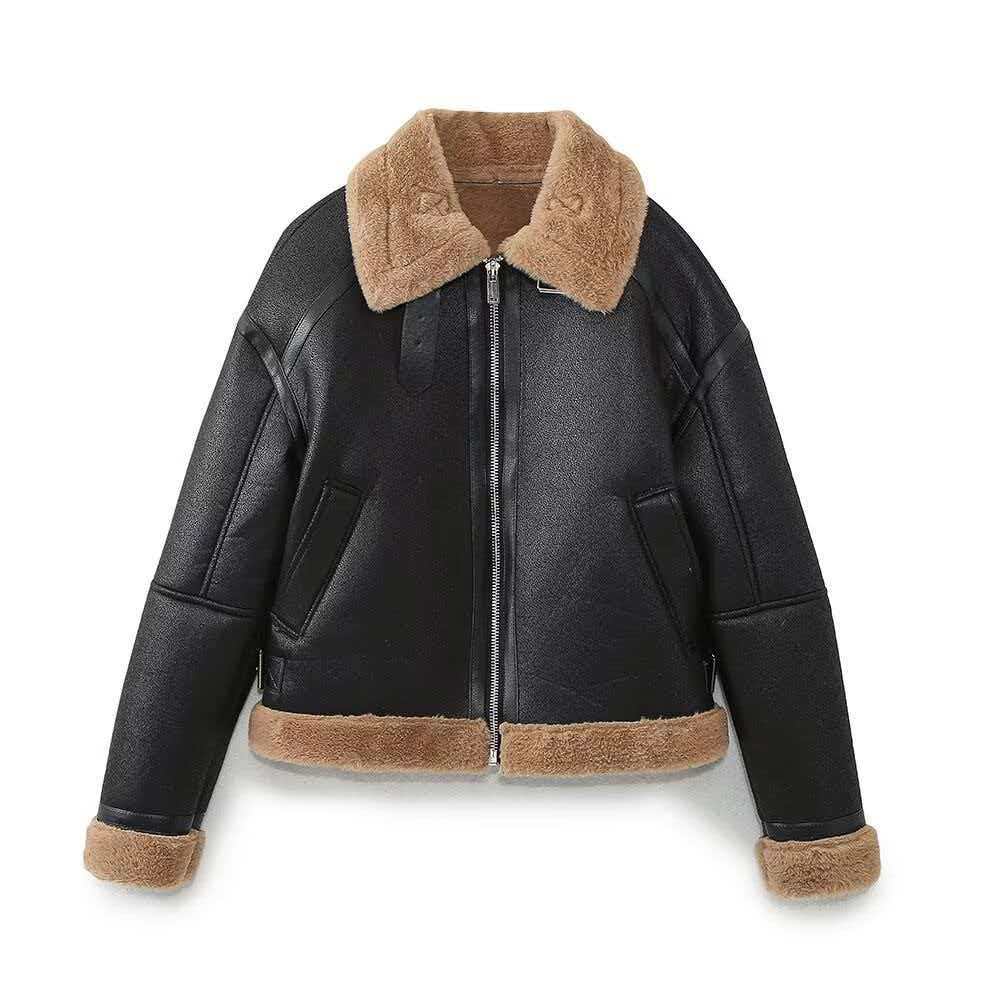 Women's Vintage Black Faux Leather & Brown Fleece Paneled Jacket